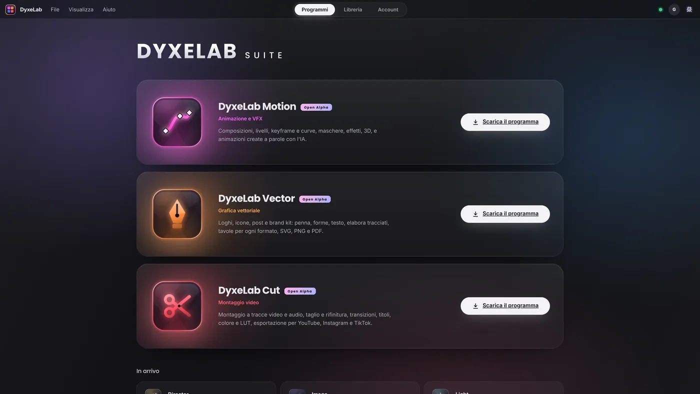L'Hub di DyxeLab Suite con Motion, Vector e Cut